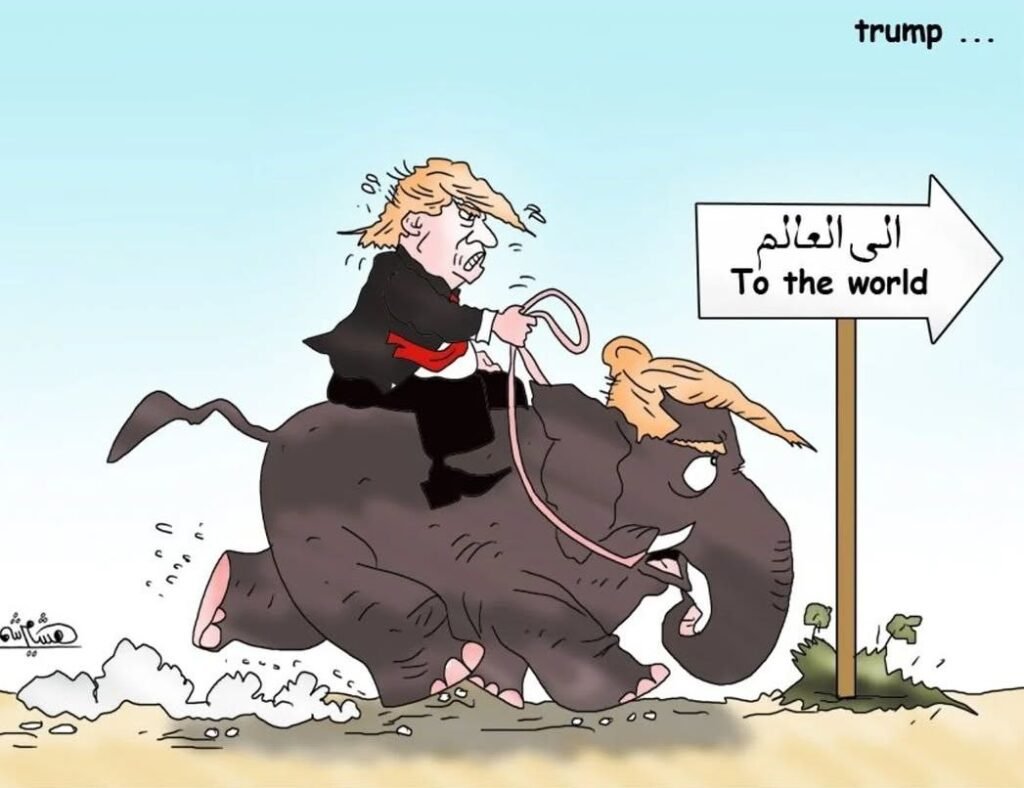 كاريكاتير للفنان الفلسطيني هشام شمالي بعنوان” إلى العالم”