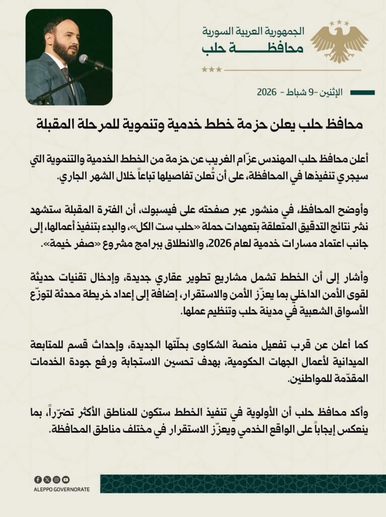 محافظ حلب يعلن حزمة خطط خدمية وتنموية للمرحلة المقبلة