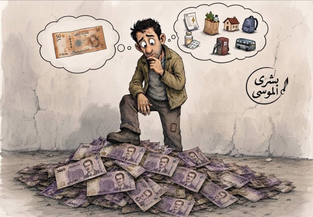 لوحة كاريكاتير بعنوان: عملة جديدة وهموم قديمة لـ بشرى الموسى