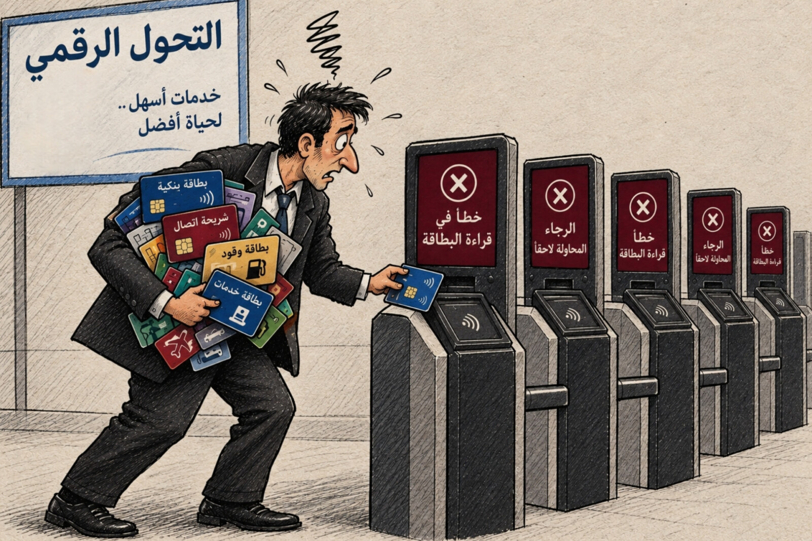 لوحة كاريكاتير بعنوان:التحوّل الرقمي… الرجاء المحاولة لاحقاً